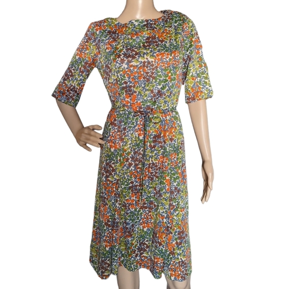 Vintage 70s Leslie Pomer Boho Funky Floral Short Sleeve Belted Day Dress - Picture 2 of 11